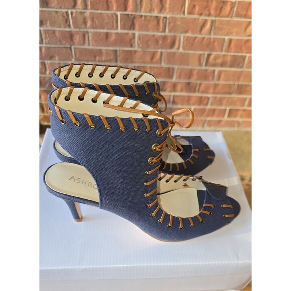 Ashro Denim Blue Heels Sandals Open Toe Strappy  Lace Up 9.5 M NEW - Picture 4 of 5
